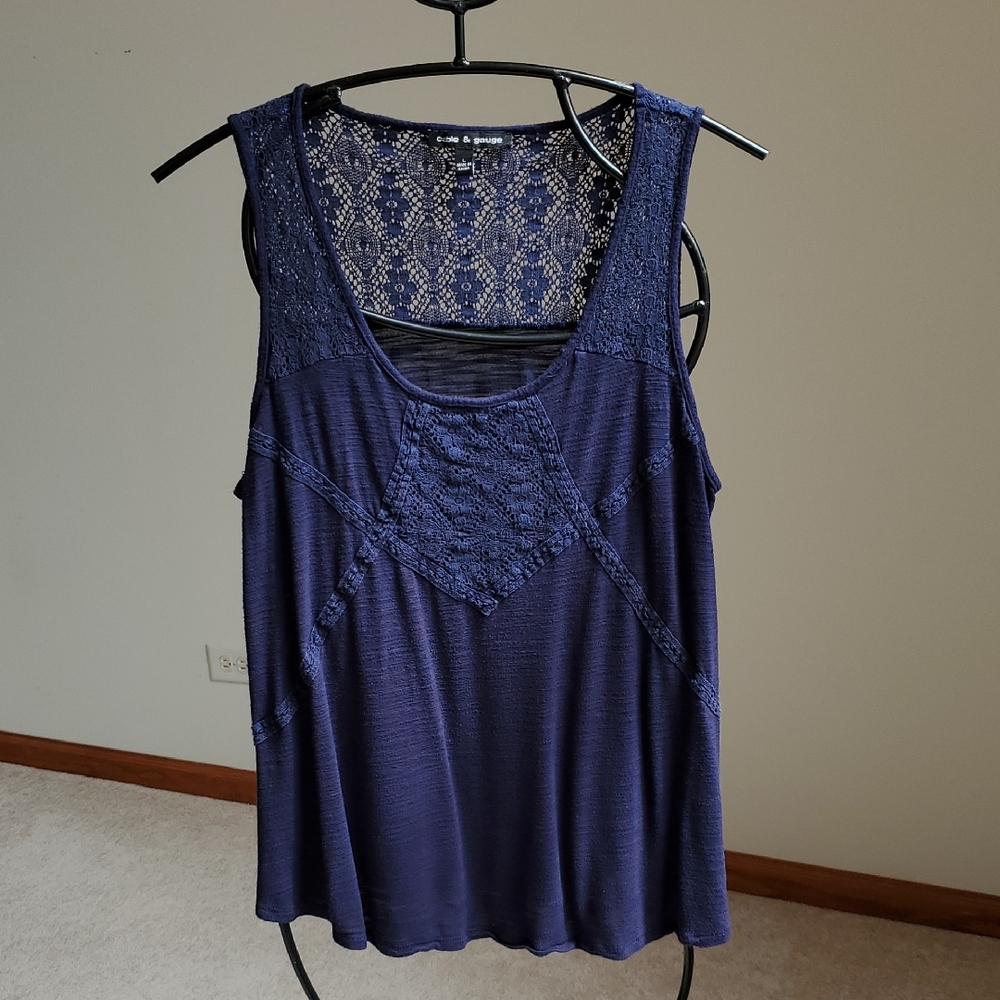 cable & gauge * Blue, Lace Insets, Tank Top